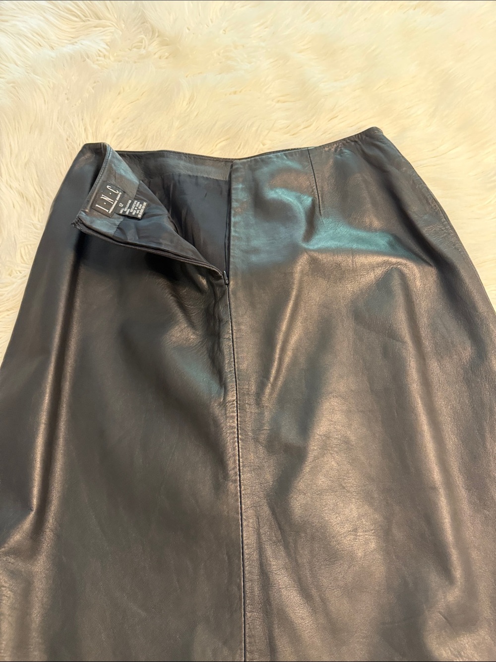 INC International Concepts Black 100% real Leather Midi Skirt size 12 length 24” - Picture 8 of 8